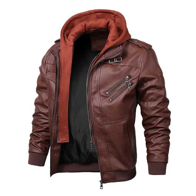 Leather Jackets For Men Casual Cowhide PU Leather Hooded Autumn Winter Coats Male Warm Vintage Motorcycle Punk Overcoats W251023