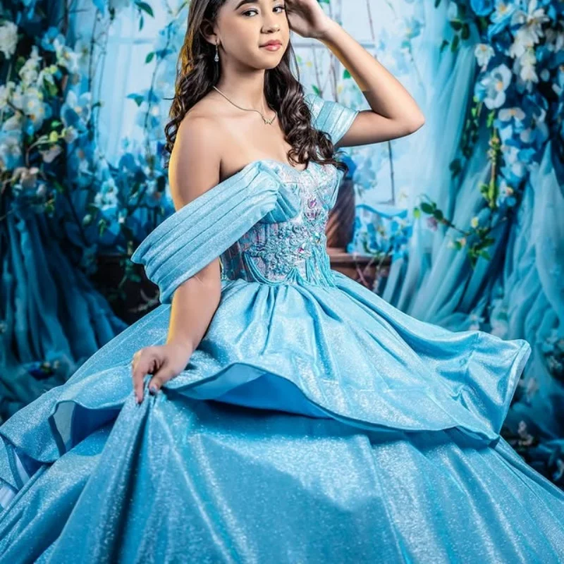 Blue Shiny Quinceanera Dresses offthe shoulder Beading Crystal Sequin Applique Lace glitter decal vestidos de 15 anos sweet 16 dress