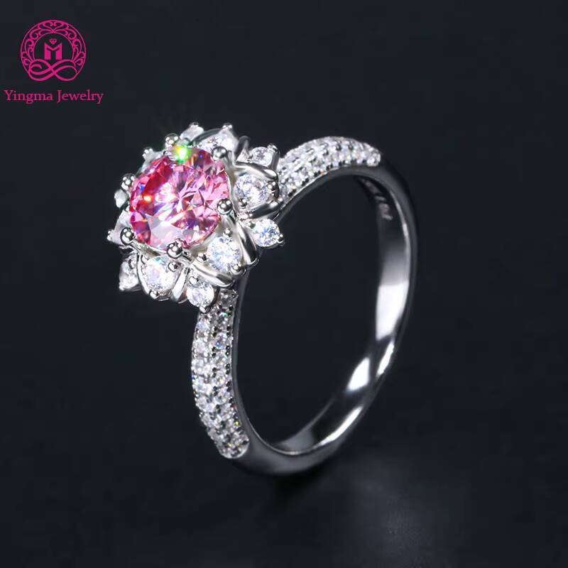 Fancy Round Brilliant Cut Moissanite Diamond Women Jewelry 925 Silver White Pink 1CT Flower Moissanite Ring for Gifts