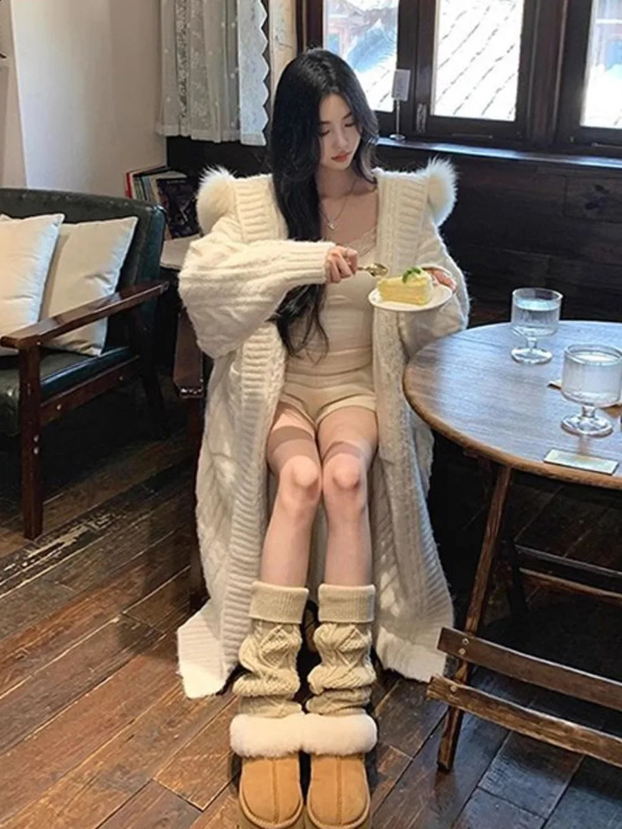 Fur Hooded Sweater Jacket Women Autumn Winter Cardigan Thickened Long Female Loose Simple Leisure Casual Knitwear 251022