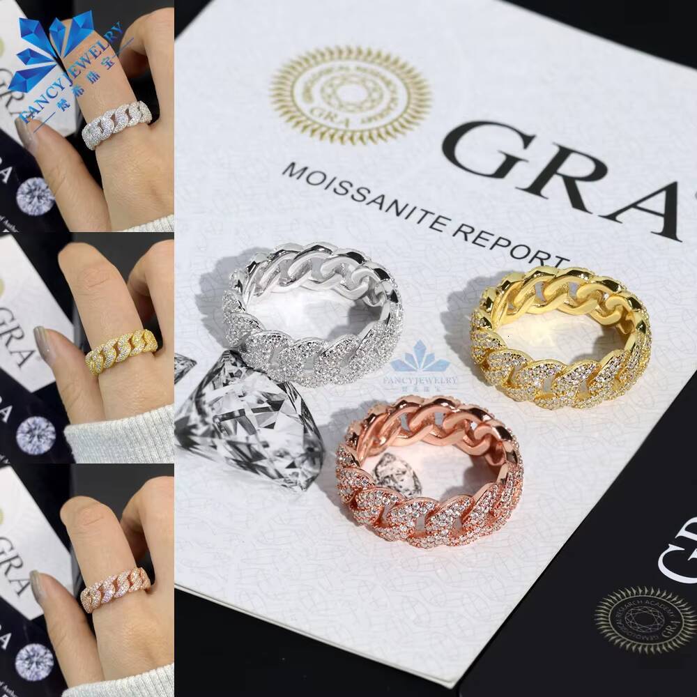 Wholesale 2025 New Unisex Luxury 7mm Full Moissanite Iced Cuban Ring 18mm 925 Silver Men Weddings Parties Customizable Fashion