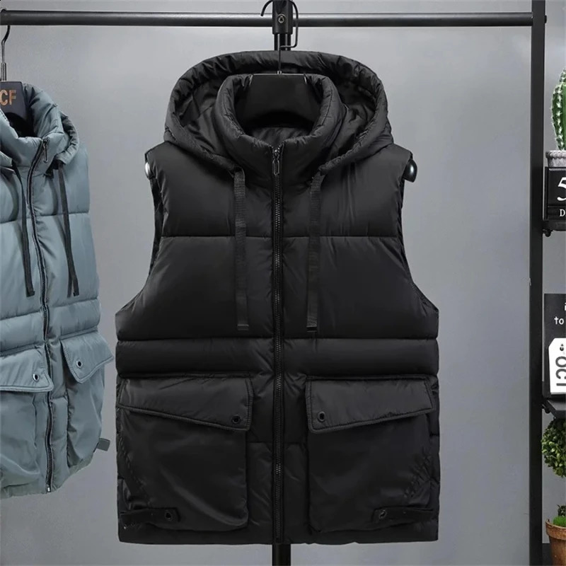 Mens Hooded Vest Winter Zipper Warm Stand Collar Waistcoat Men Cotton Padded Sleeveless Jackets with Big Pockets 251023