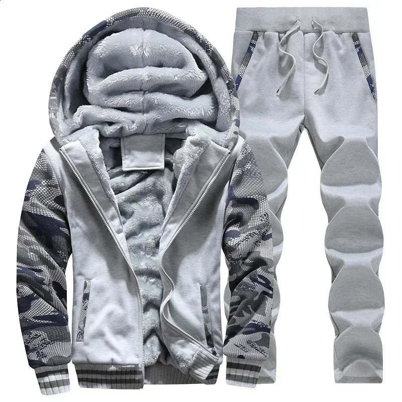 Winter Fleece Thicken Mens Twopiece Zipper Sports Set Hooded Thermal Suit Casual Oversized Tracksuit 4XL 5XL Funny 251023