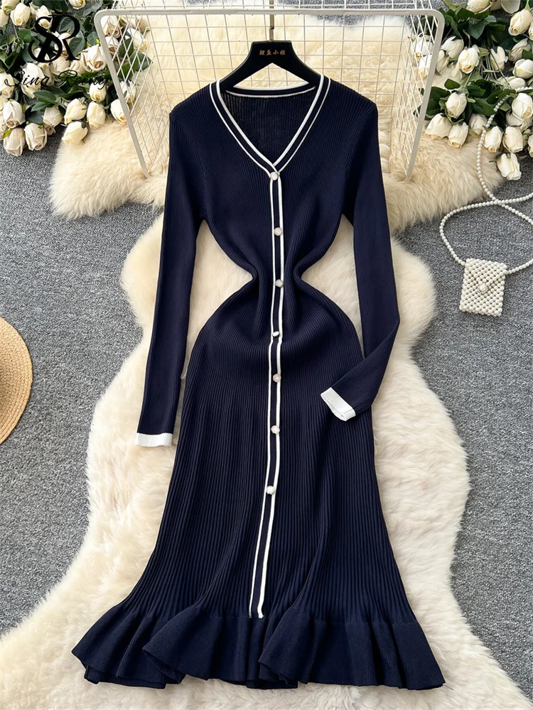 SINGREINY Autumn Women Fishtail Long Dress V Neck Single Breasted Elastic Sheath n High Quality Knitting Sweater 251022