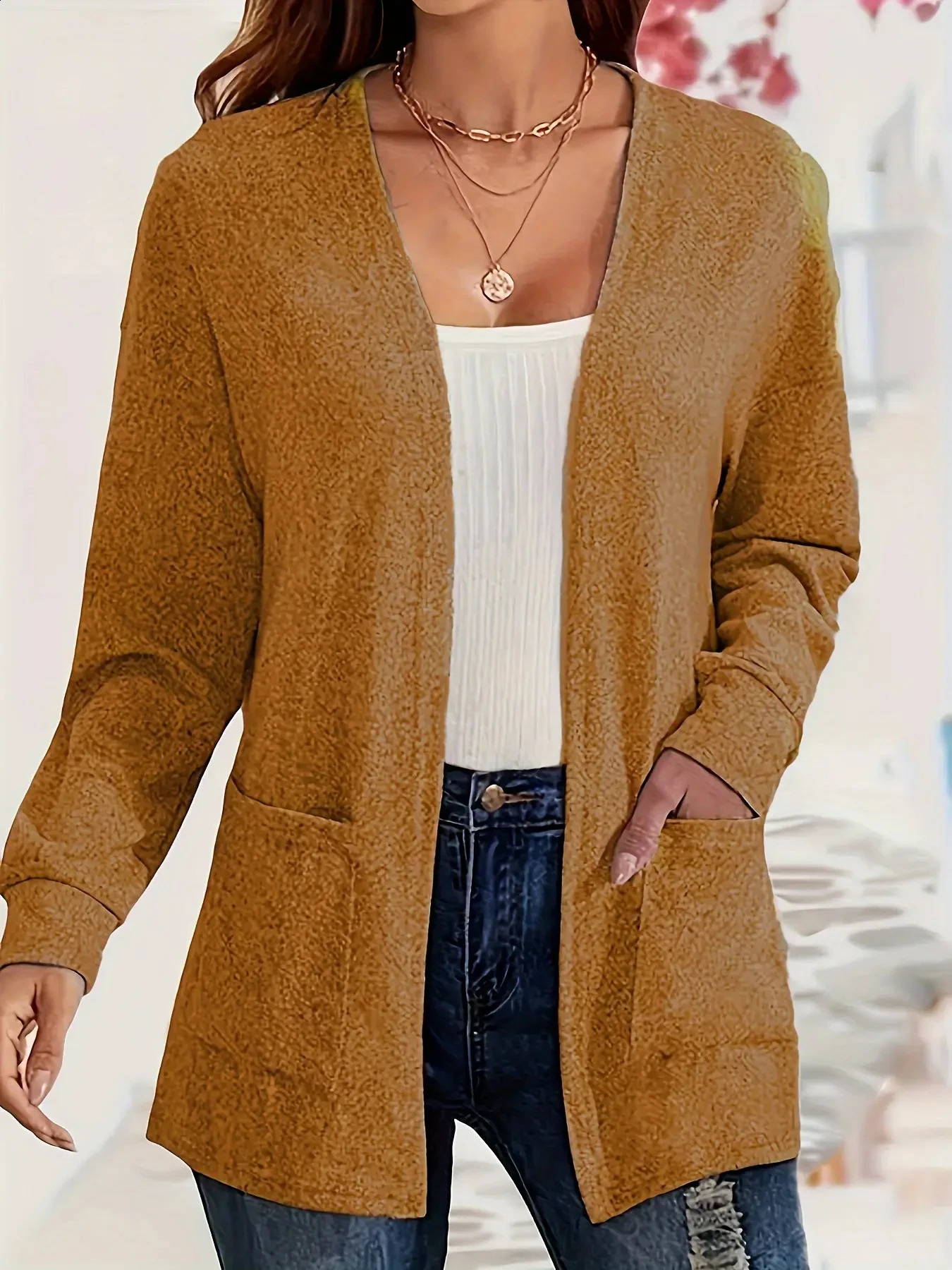 Autumn chic casual solid color pocket thin plus size womens jacket cardigan 251017