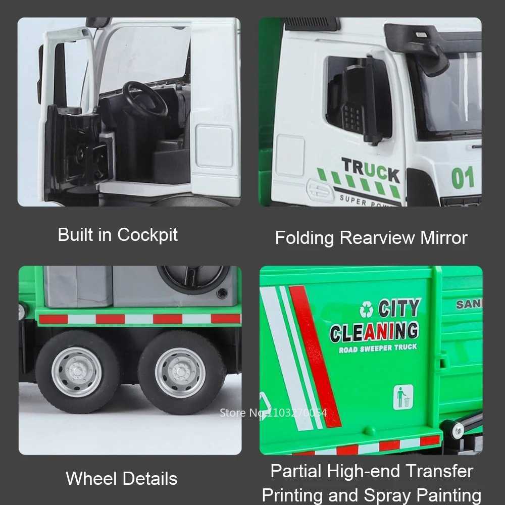 132 Alloy Urban Sanitation Truck Sprinkler Car Model Toys Diecast Sound Light Pull Back Doors Opened Vehice for Childrens GiftT251023