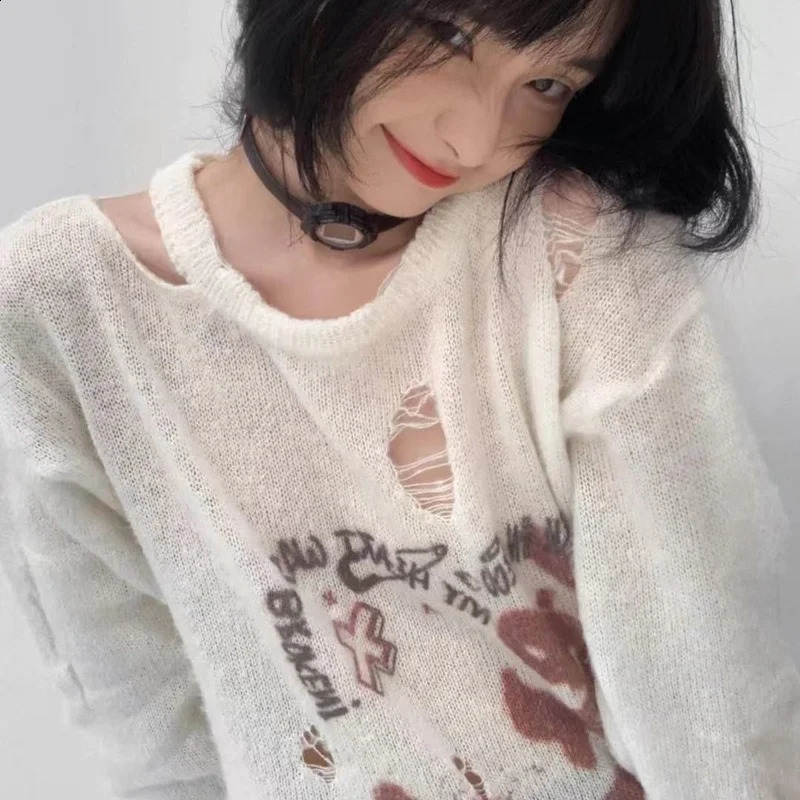 KOSAHIKI Punk Thin Ripped Hole Sweater Women Hollow Out Y2k Knitted Pullover Spring Casual Loose Tops Harajuku Print Jumper 251023