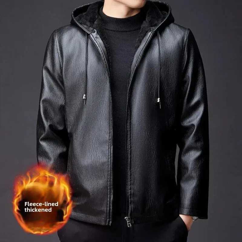 Winter Highend Mens Hooded Leather Jacket with Waterproof Windproof and Plush Insulation Men Clothing W251023