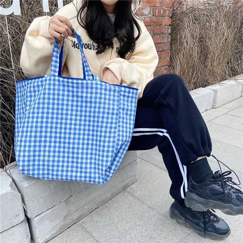 Simple Plaid Women Double Side Shoulder Bag Student Female Casual Tote Handbags Large Capacity Ladies Eco Reusable Shopping BagsL251023