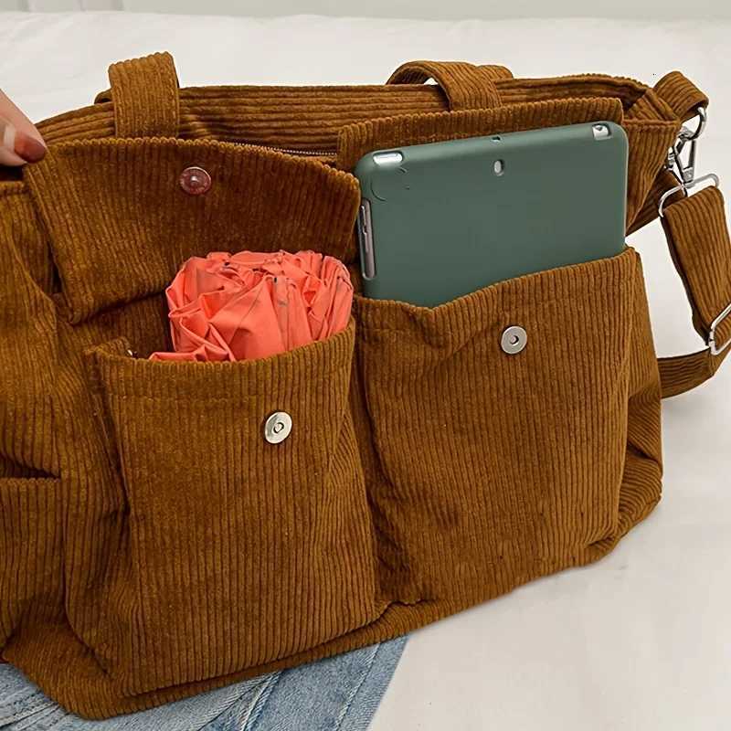Large Capacity Corduroy Tote Bag for Women Versatile Shoulder Bag with Multiple Pockets Commuter BagL251023