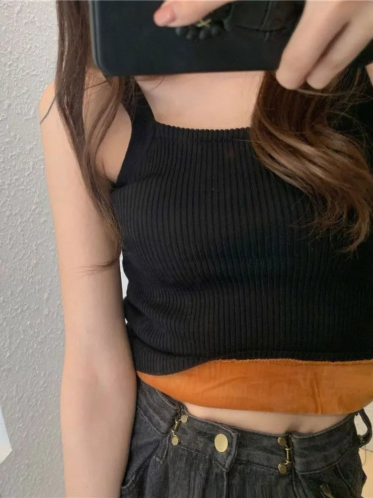 Autumn Winter Fleece Knit Tank Tops Women Thin Strap Sleeveless TShirt Female Backless Basic Tops Camis Lady Casual Solid color 251023