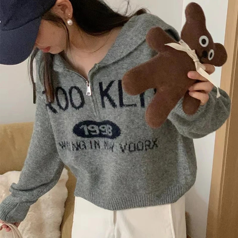 Trend Letter Embroidery Womens Sweater Half Zipper Crew Neck Sweater Woman Autumn Winter Loose Long Sleeve Short Pullovers Lady 251023