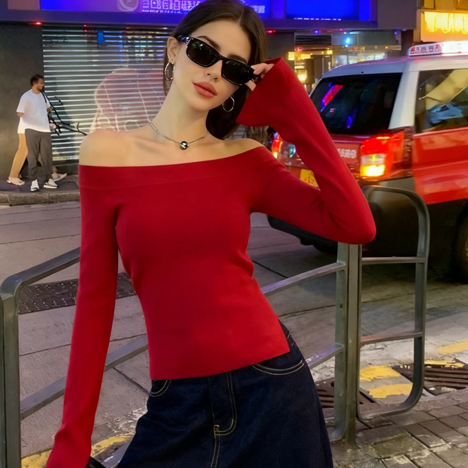 Womens Y2K Off Shoulder Ribbed Knit Top Soft Stretchy Fabric Flare Sleeve Slim Fit Trendy Multi Color Sweater 251023