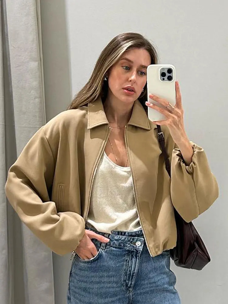 HH Autumn Street Fashion Solid Bomber Jackets Simple Lapel Zipper Fly Long Puff Sleeves With Pockets Womens Casual Coats 251013