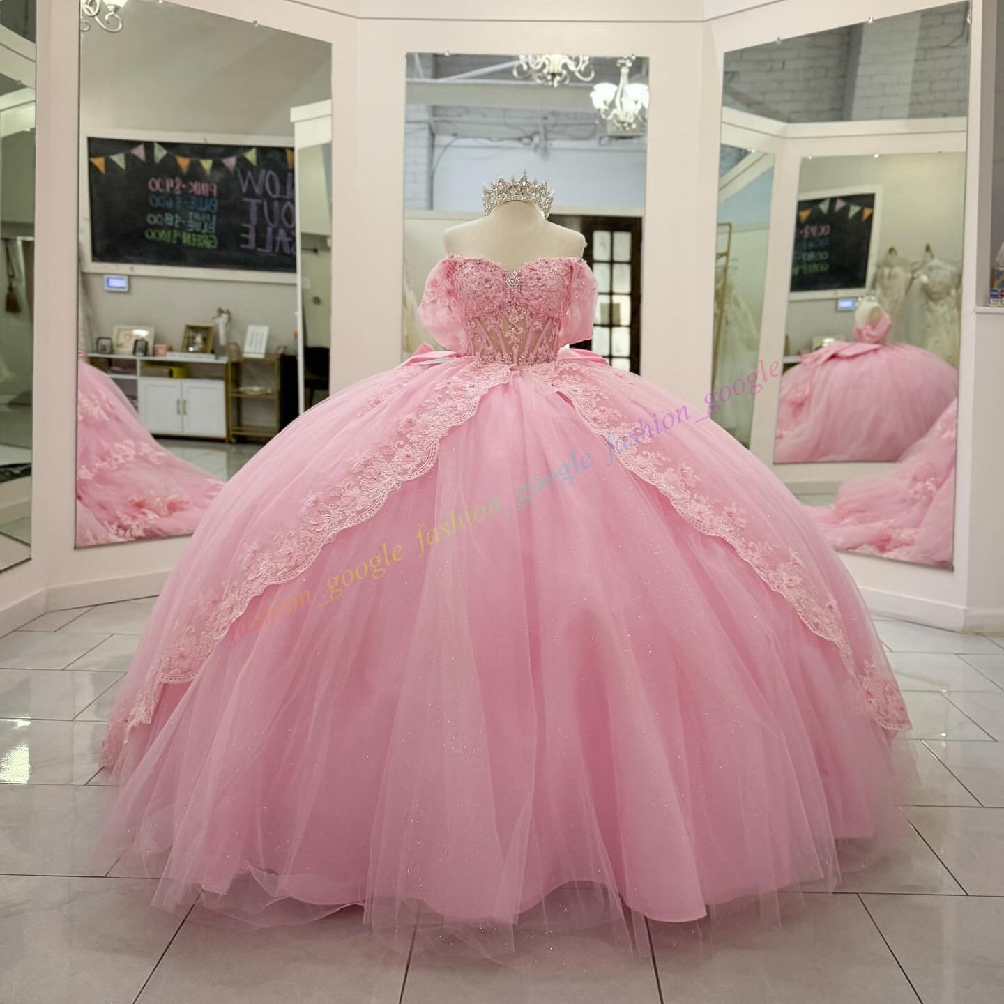Glitter Pink Quinceanera Dress Sheer Corset Mexican Quince Sweet 15/16 Birthday Party Ball Gown Girl Drama Gala Off-Shoulder Pannier-Inspired Gathered