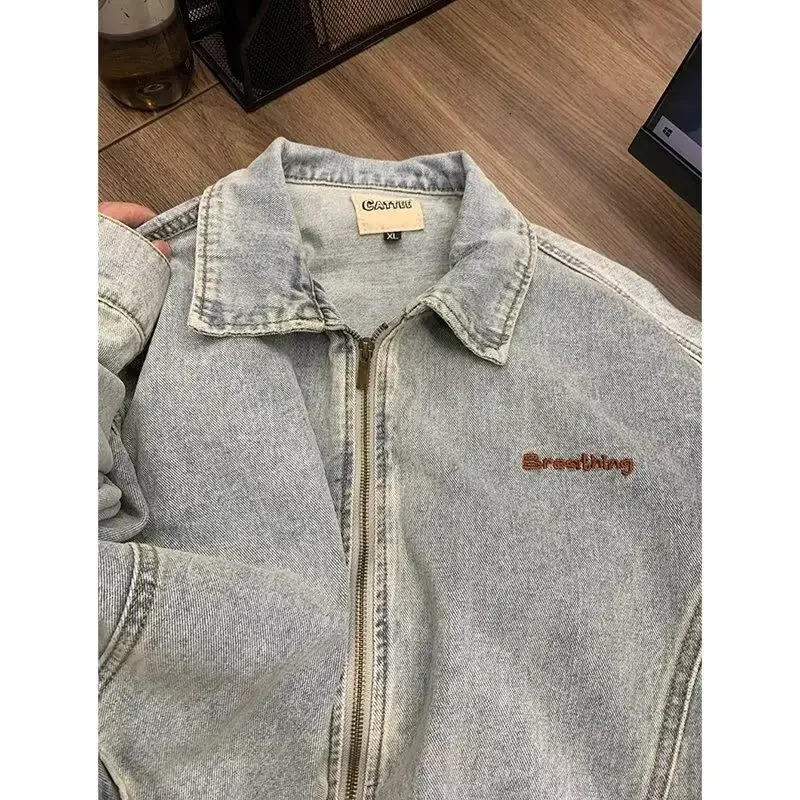 Vintage ZipUp WashedDistressed Denim Jacket Mens Spring Fall Fashion Coat American Cowboy HighStreet Casual Outerwear 251017