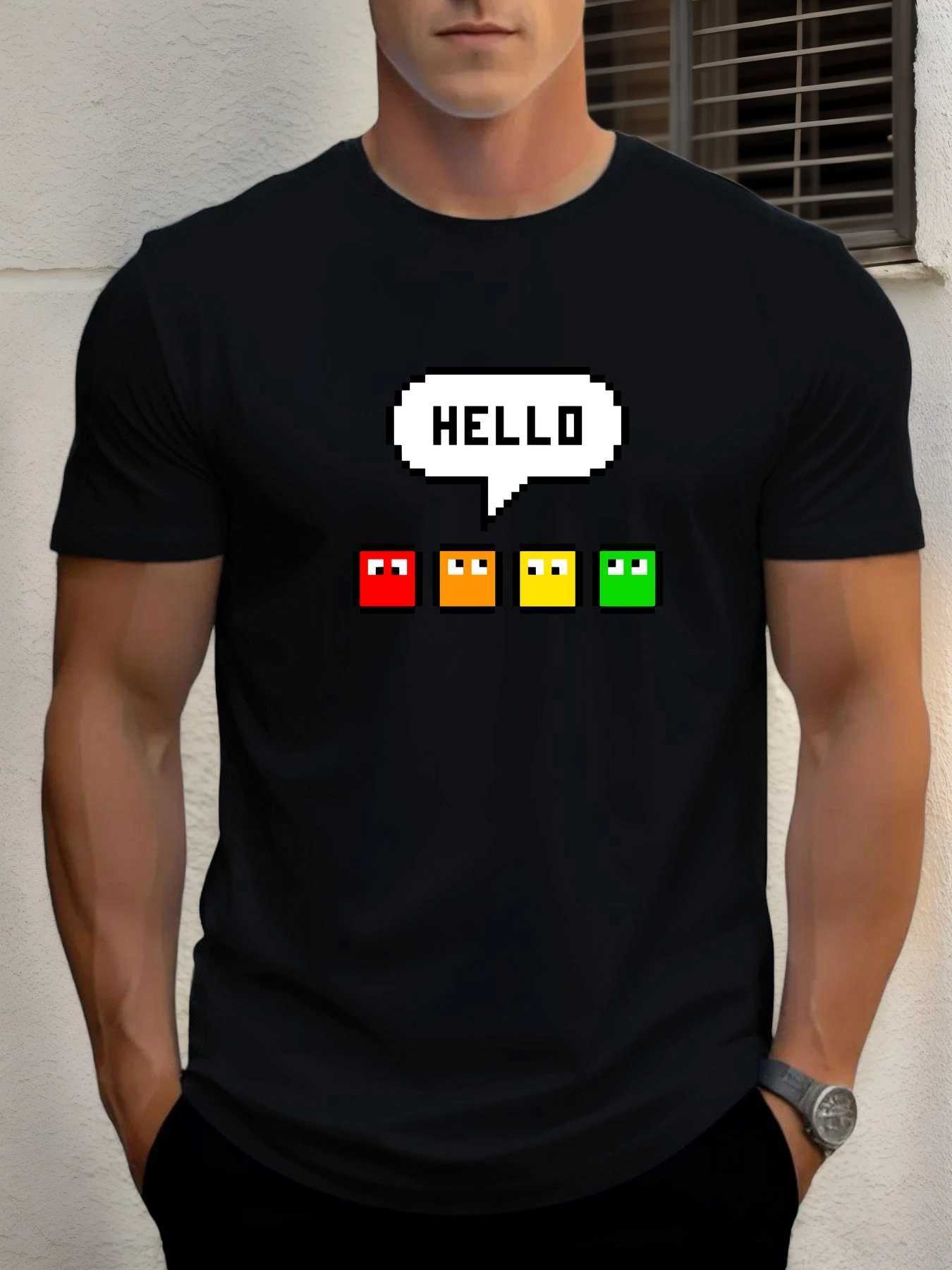 Mens TShirt Pixel HELLO Graphic 2025 100 Cotton Summer Retro Gaming Nostalgic 8Bit Crew Neck Short Sleeve TopXJ251023