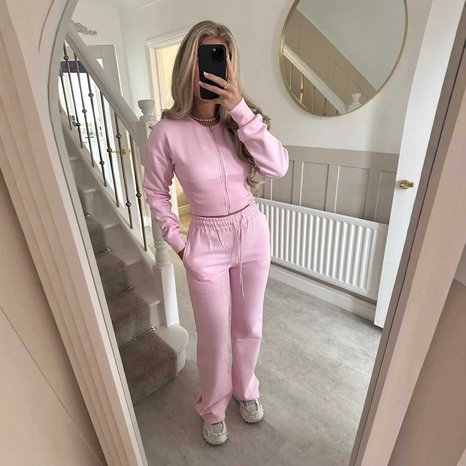 Fashion Set For Women Autumn 2025 New Slim O Neck Zipper Coat Top Wide Leg Pants Two Piece Set Leisure Sportswear Sets OutfitsT251022