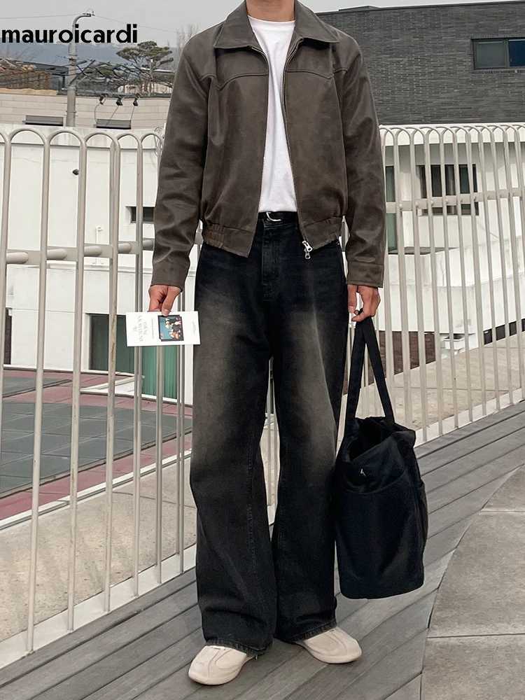 Mauroicardi Spring Autumn Vintage Lightweight Distressed Washed Brown Pu Leather Jacket Men Zipper Casual Korean Fashion Clothes W251023