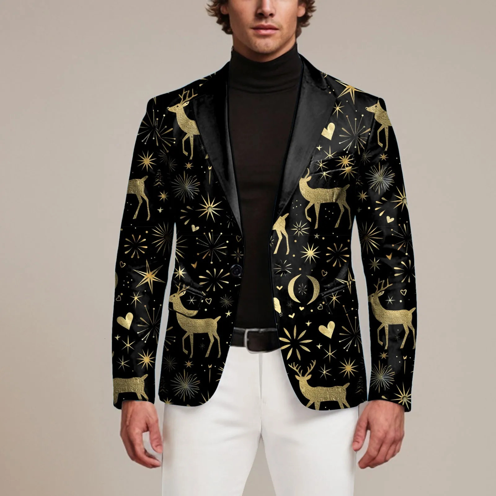 Vintage Mens Suits Fashion Christmas Print Long Sleeve Lapel Button Suit Jacket Pockets Mens Business Suit Jackets Party Wear 251016