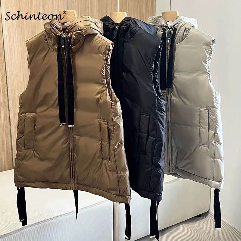 Schinteon Women 90 White Duck Down Vest with Hood Casual Sleeveless Jacket Simple Solid Color Fashion Autumn Winter Top 251022