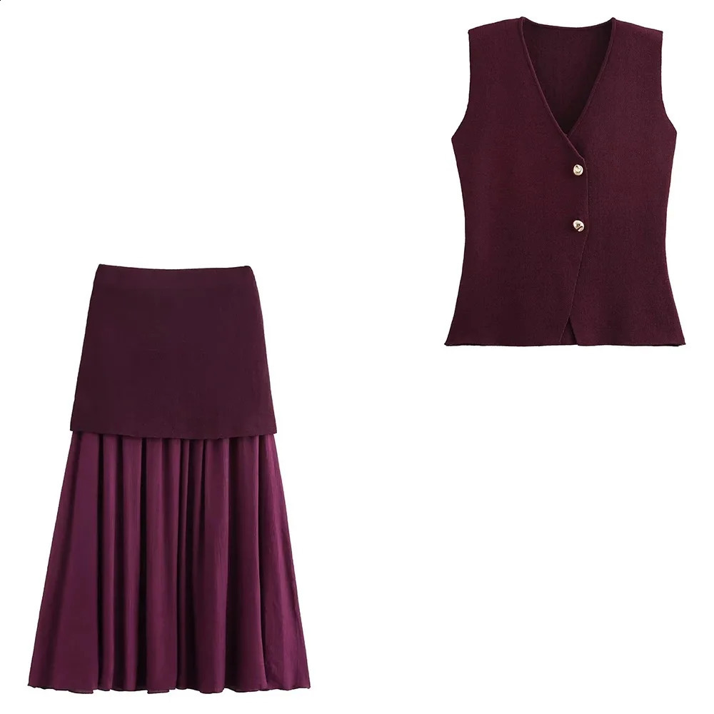 Womens Funky Suit Gold Button Knit Vest Crinkle Embellished Long Skirt Street Style Elegant Womenswear 251016