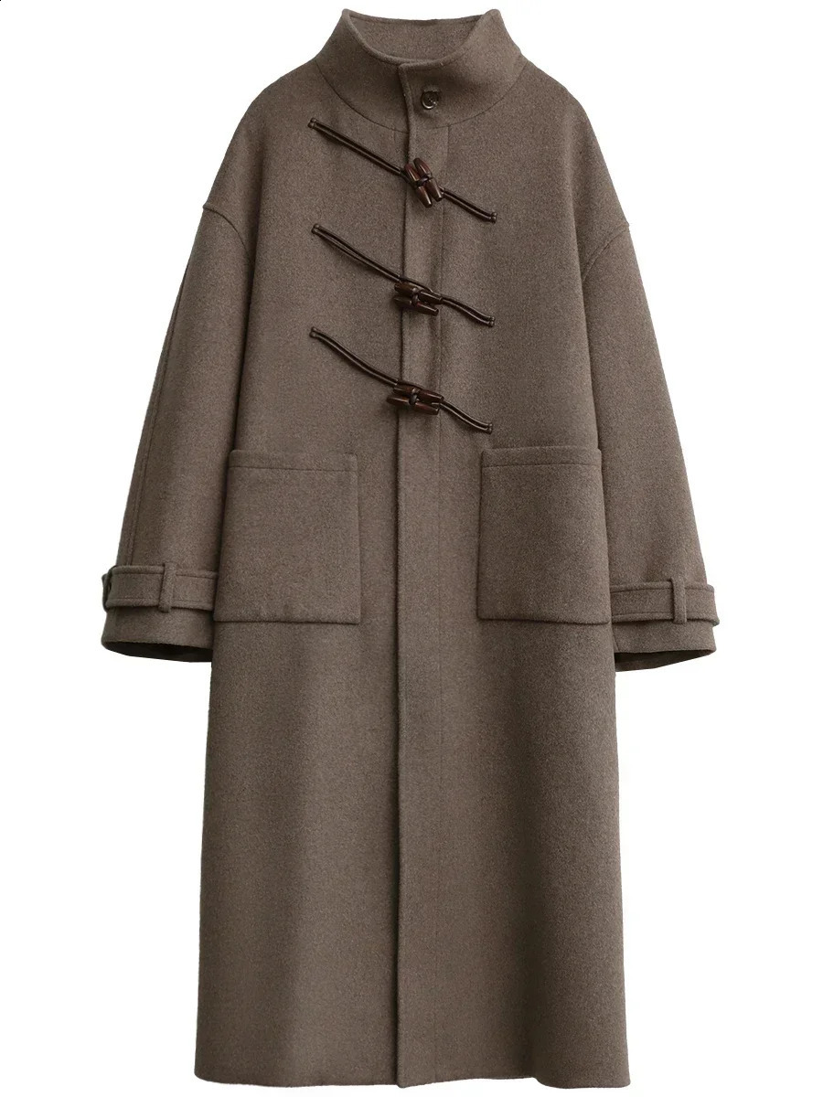 CHIC VEN Women Long Woolen Coats Single Breasted Loose Stand Collar Cow Horn Buttoned Office Ladies Overcoat Autumn Winter 251021