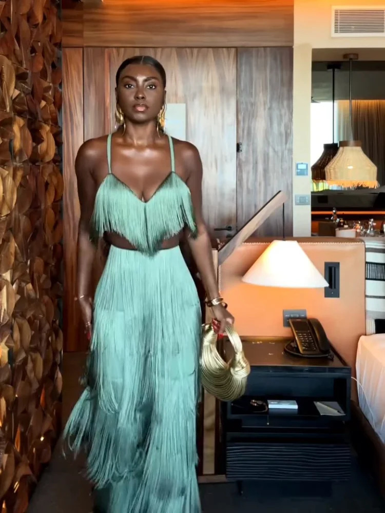 Elegant Mint Green Fringe Pant Set For Women Sexy Vneck Strap Crop Top High Waist Long Trouser Suit Lady 2025 Chic Party Outfit 251011