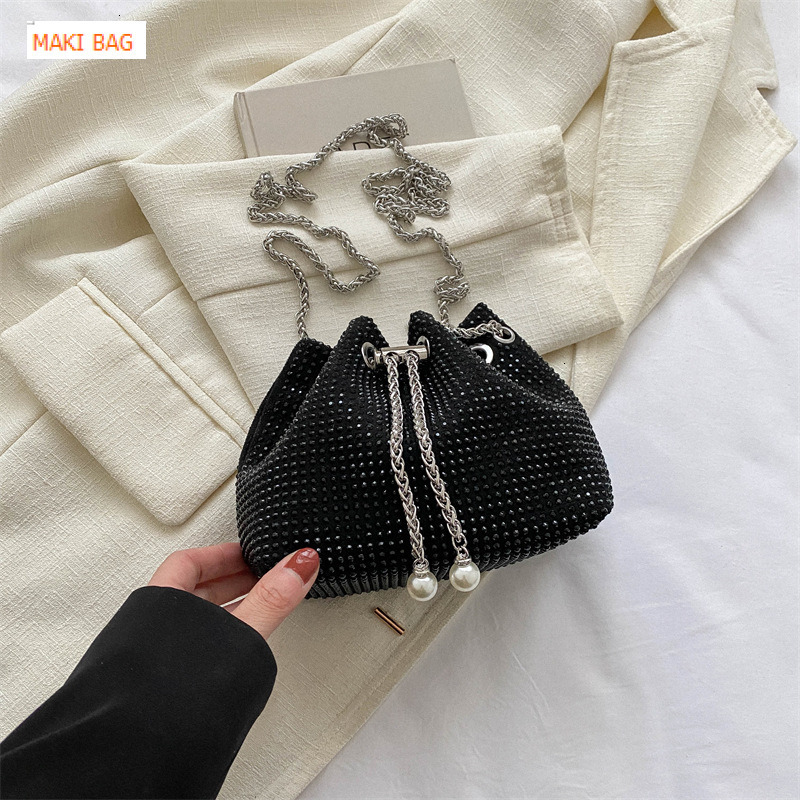 Diamond nail pull rope women's bucket shaped bag, shiny diamond rhinestone full diamond bag, hot selling high-end chain crossbody bag, designer b
