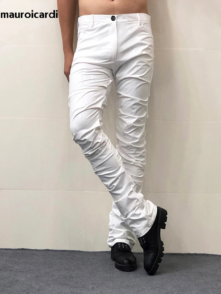 Mauroicardi Spring Autumn Yellow Blue Shiny Reflective Stretchy Soft PVC Faux Leather Stacked Pants for Men Y2K Streetwear 251023