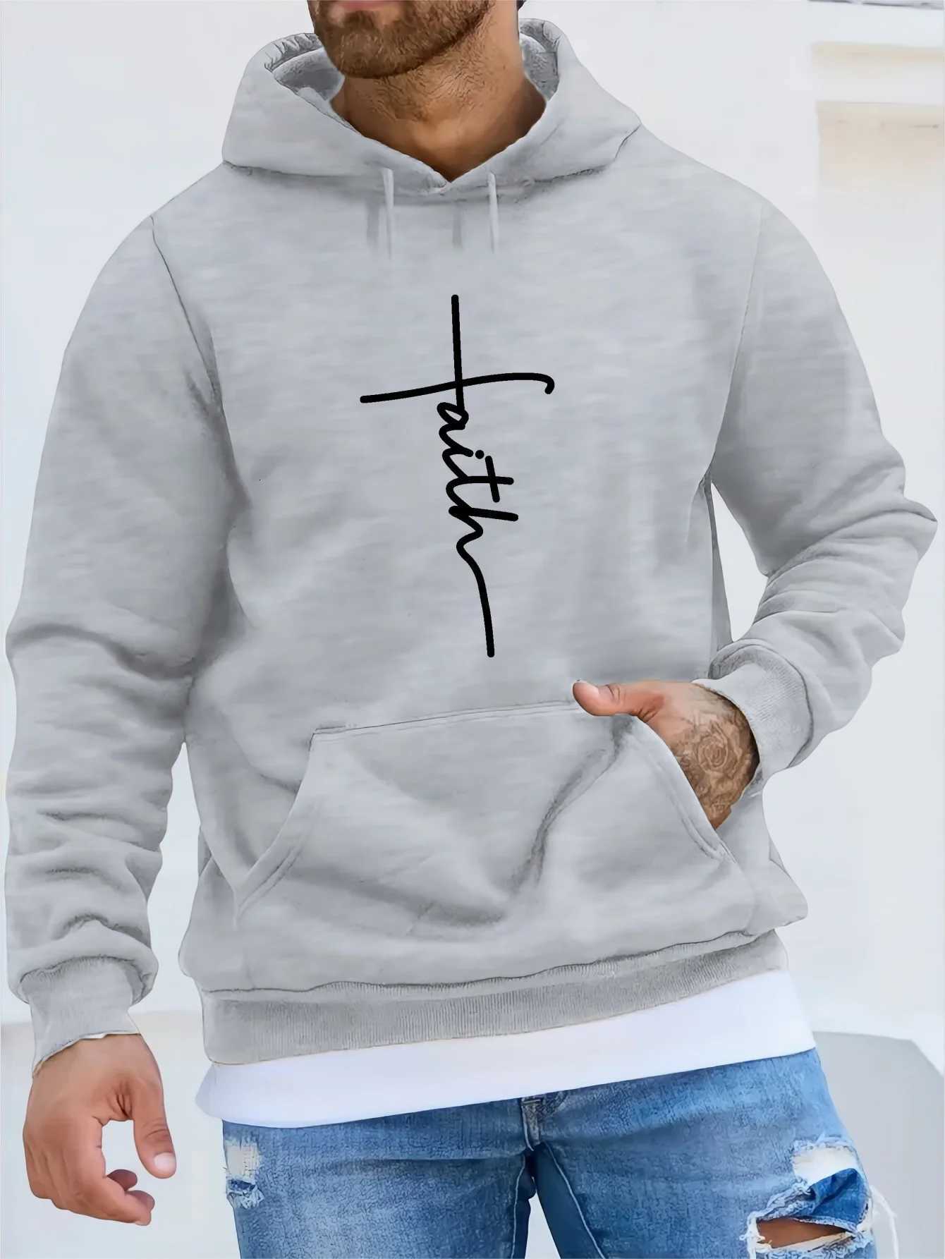 Mens autumn and winter casual fashion loose faith print long sleeved hooded sweatshirt warm sports pulloverT251023