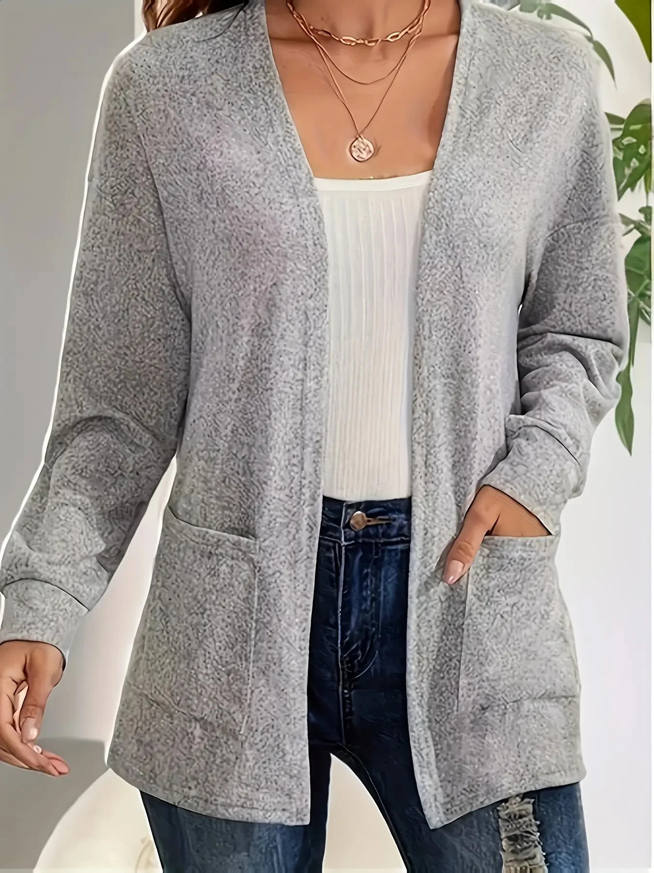 Autumn chic casual solid color pocket thin plus size womens jacket cardigan 251017