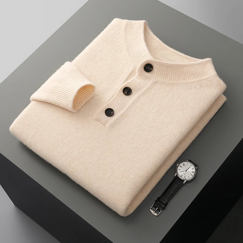 AutumnWinter Mens Cashmere Sweater Half High Collar Long Sleeve 100 Wool Knit Business Casual Henry Collar Pullover 251016