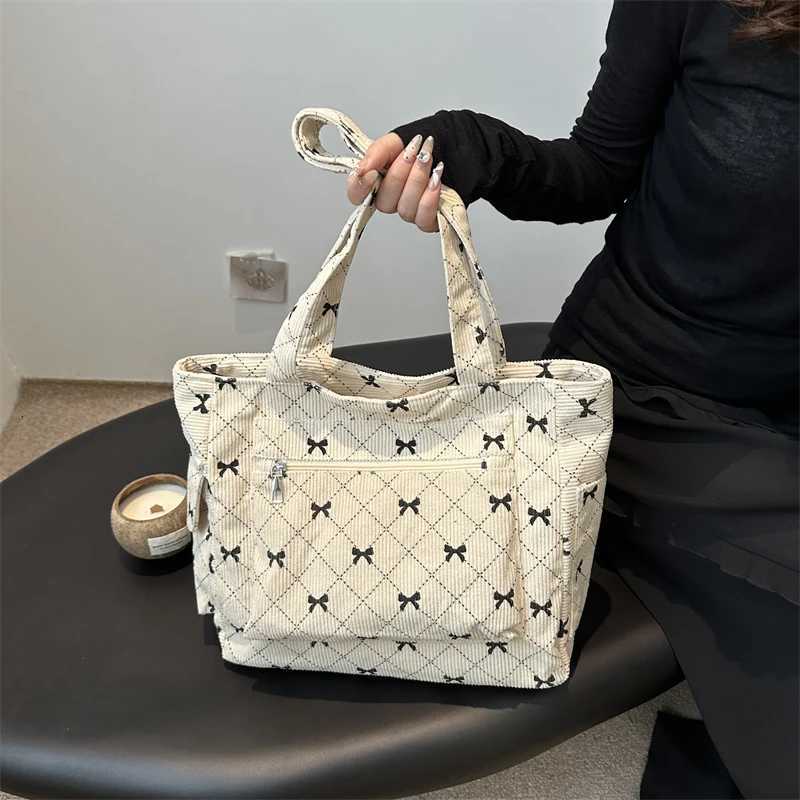 Bow Pattern Commuting Bag Corduroy Handbag Large Capacity Women Tote Bag Multipockets Fashion Shoulder Bag Casual Underarm BagsL251023