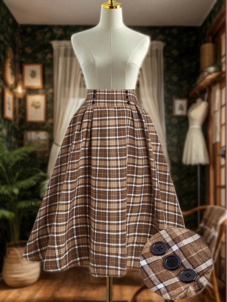 plus Size Vintage Artistic Brushed Plaid Versatile ALine Halflength Skirt 251022