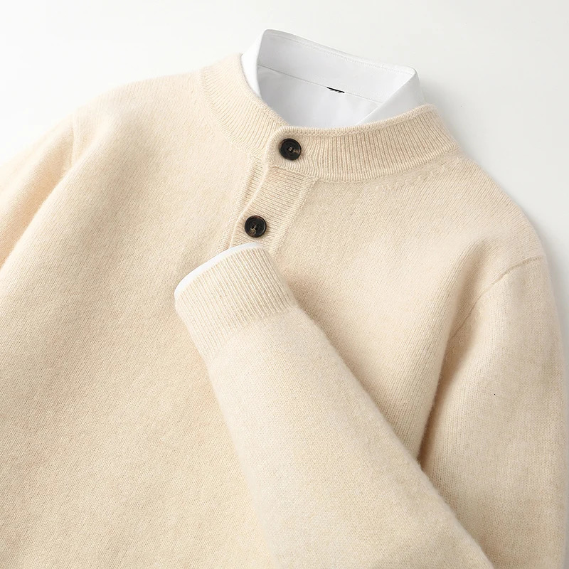 AutumnWinter Mens Cashmere Sweater Half High Collar Long Sleeve 100 Wool Knit Business Casual Henry Collar Pullover 251016