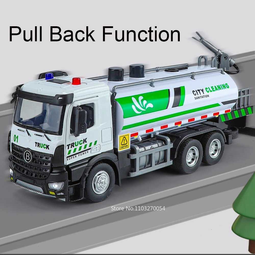 132 Alloy Urban Sanitation Truck Sprinkler Car Model Toys Diecast Sound Light Pull Back Doors Opened Vehice for Childrens GiftT251023