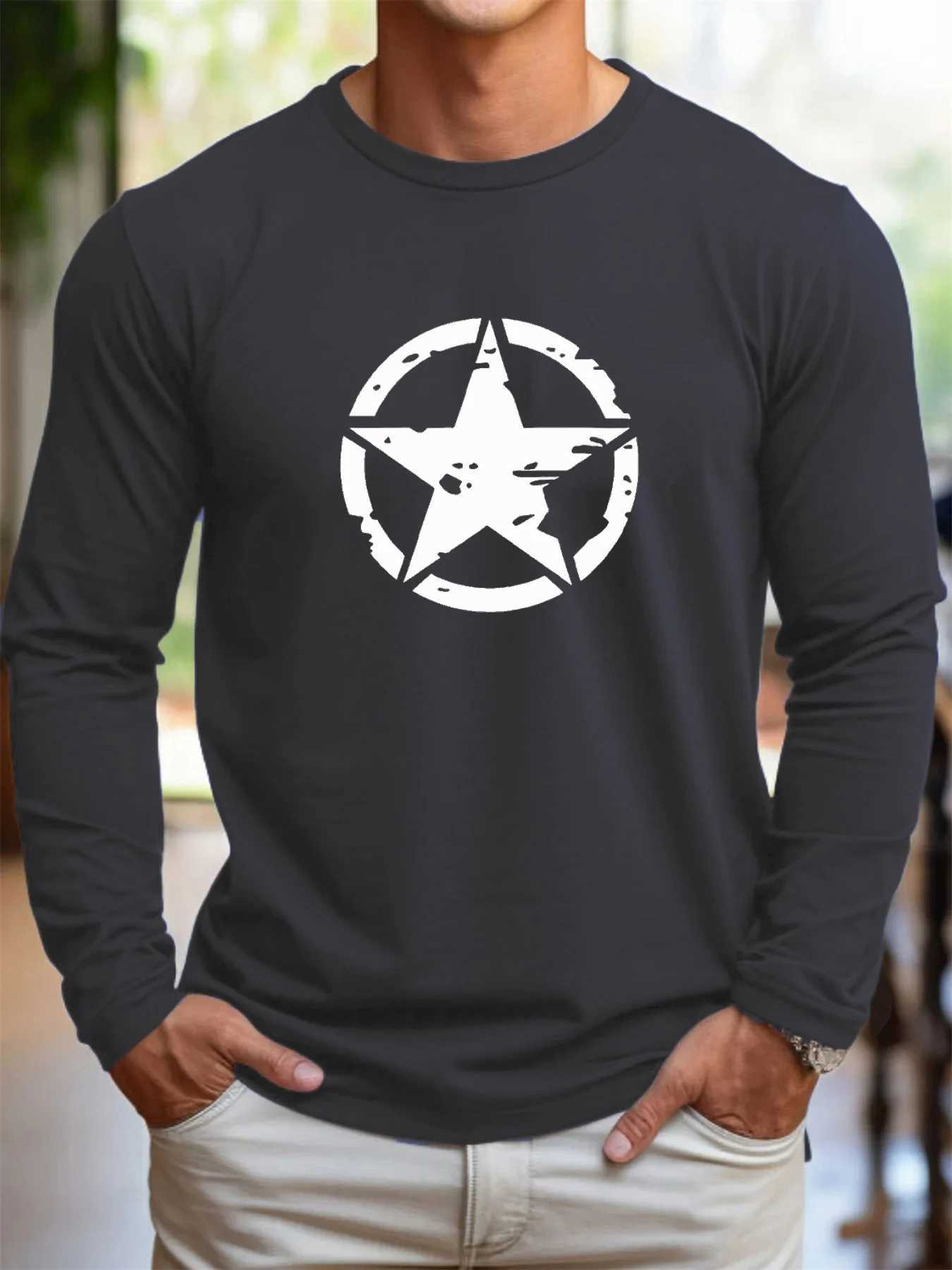 Mens 100 pure cotton loose fit plus size casual sports pentagram pattern printed round neck long sleeved Tshirt topXJ251023