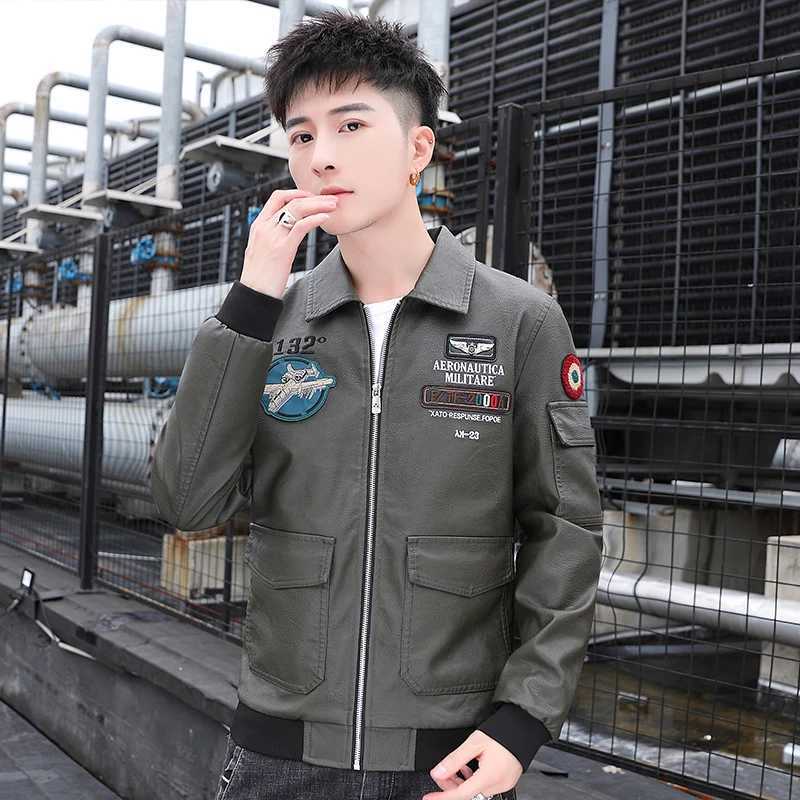 Embroidered Print Handsome Leather Coat Mens Spring and Autumn Business Casual Young Mens Leather Jacket Lapel Fashion Coat W251023