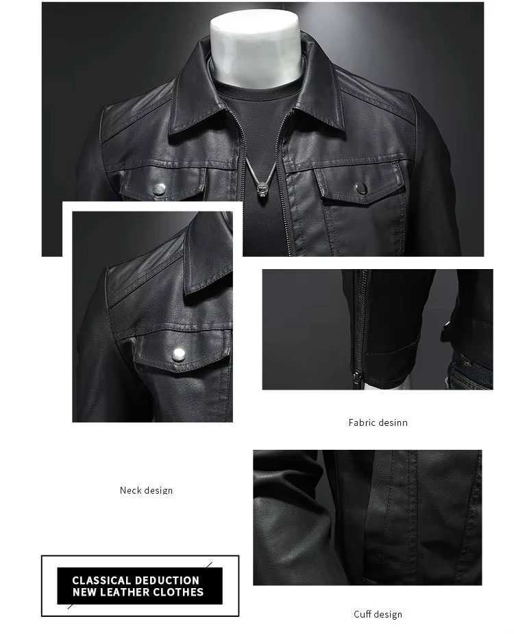Mens lapel leather jacket autumn oversized slim motorcycle riding suit winter thickened PU leather waterproof work clothes W251023