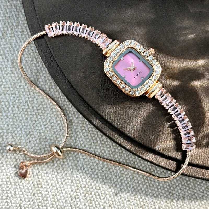 womens inlaid zircon flexible pull out bracelet with diamond square alloy case rhinestone scale simple dial quartz watchL251023