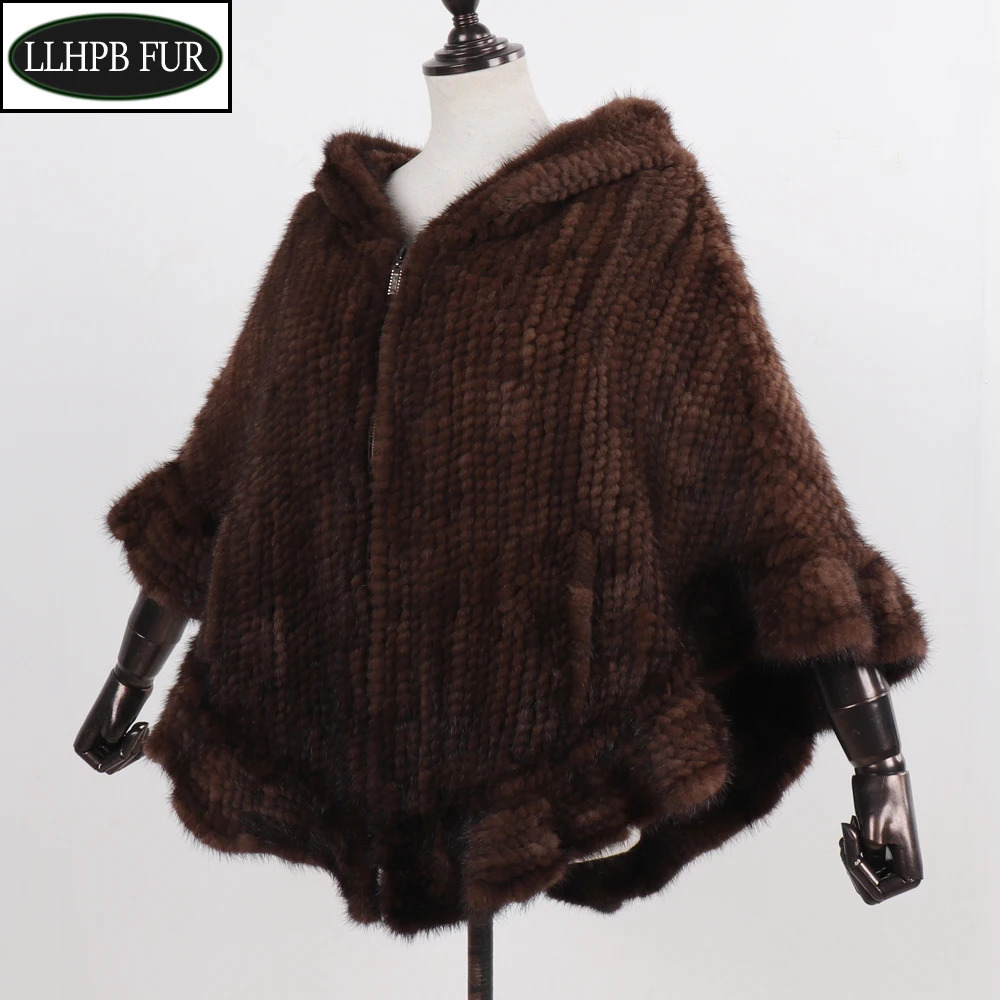 Women Natural Mink Fur Hooded Pashmina Coat 100 Genuine Shawl Lady y Hand Knitted Real Poncho 251022