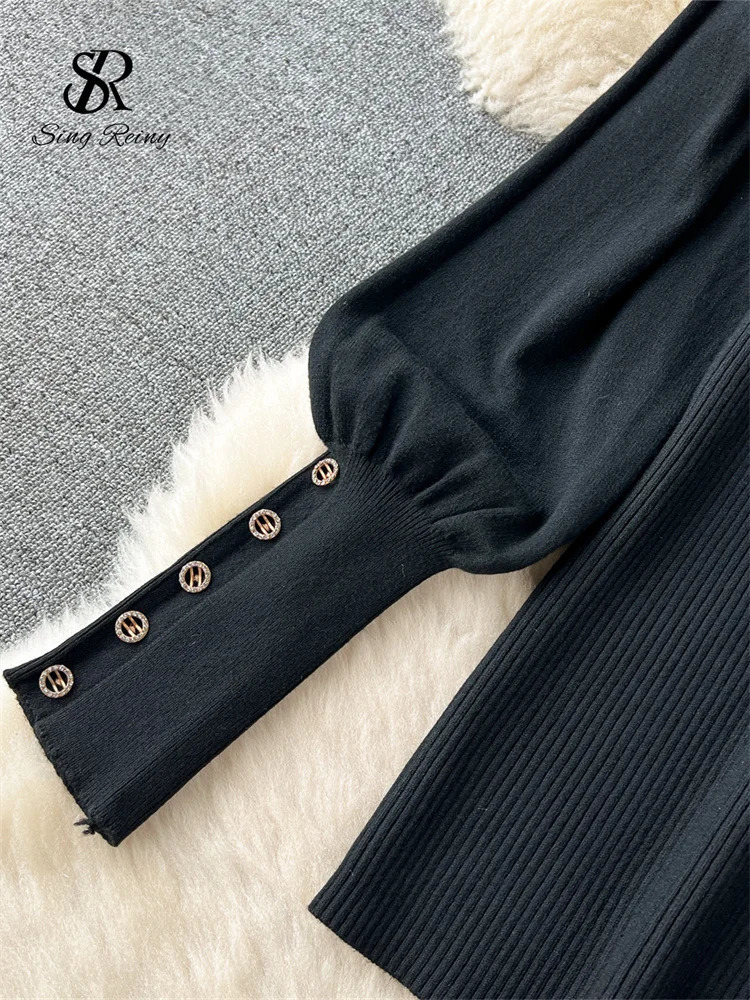 SINGREINY Ladies Retro Sweater Suits Fashion Lantern Sleeve Loose Pullovers A Line Long Skirts Print Knitted Two Pieces Sets 251020