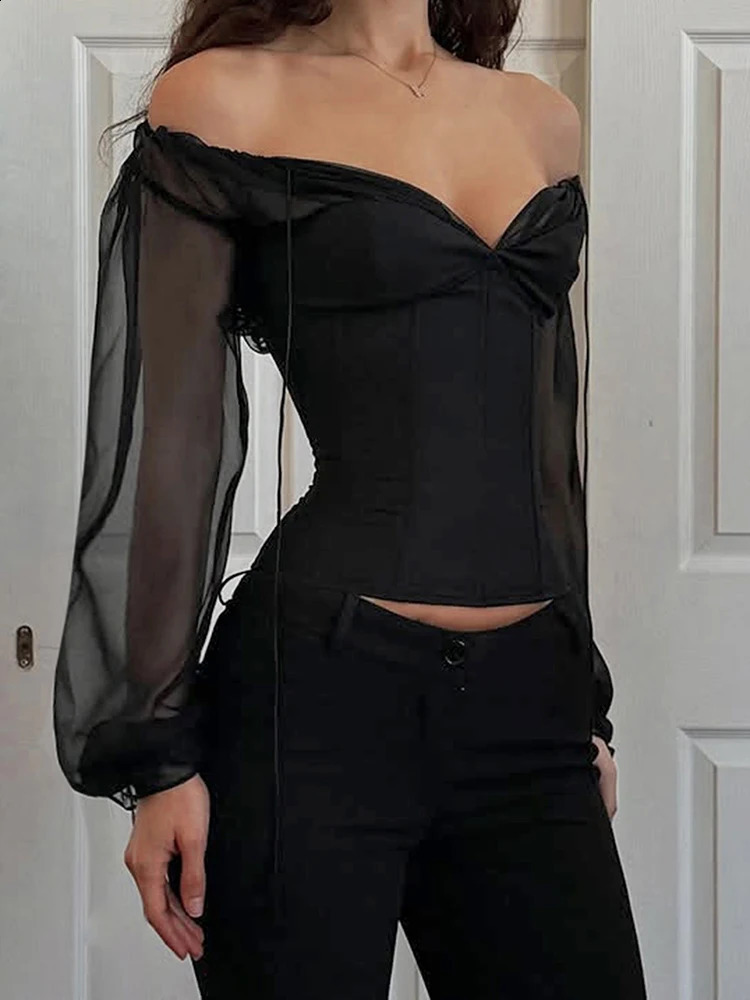 Oniflyme Puff Sleeve Chiffon Tshirt Women Sexy V Neck Long Sheer Skinny Tee Tops Autumn Elegant Clothes Lady Crop Shirts 251023