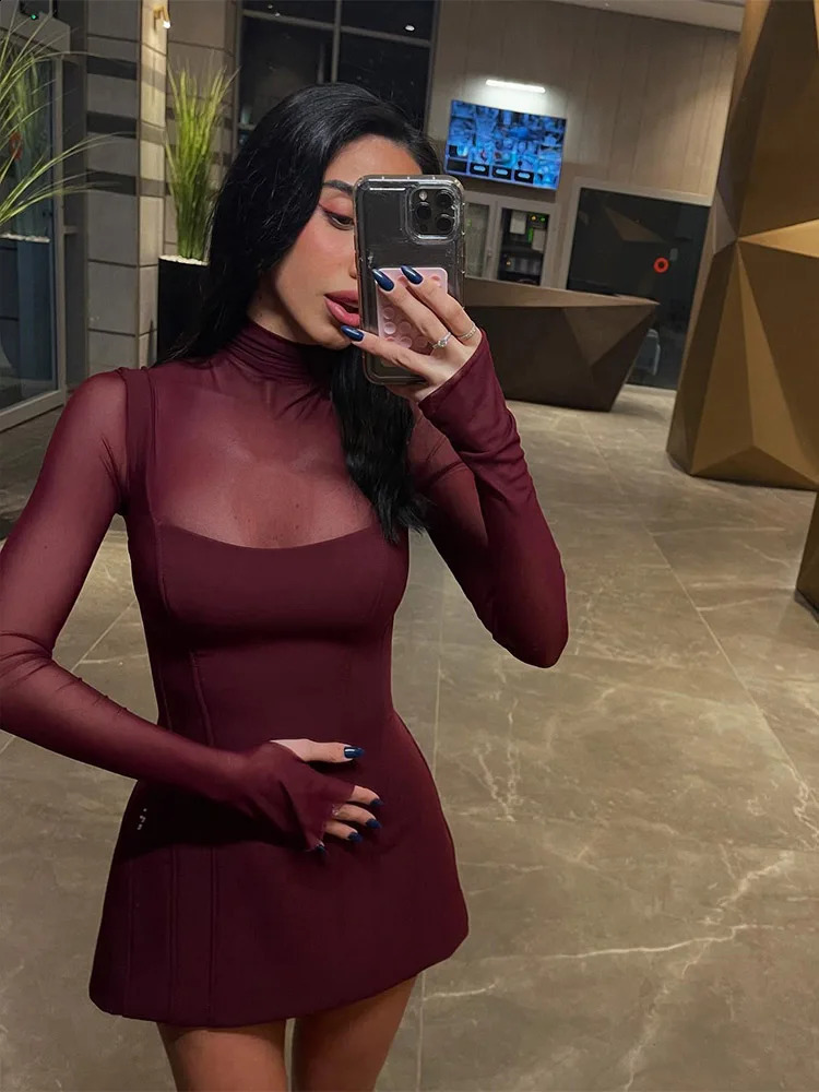 Huhugirl Mesh Patchwork Dresses For Women Fashion Sexy Streetwear Solid Full Sleeve Turtleneck Skinny Mini Vestidos Robes Female 251023