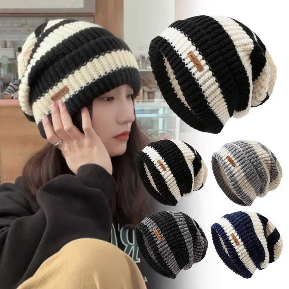 Striped Beanie Winter Hats For Women Knitted Retro Thickened Warm Baggy Cap Trendy Windproof Ear Protect Bonnet Female NewXJ251023