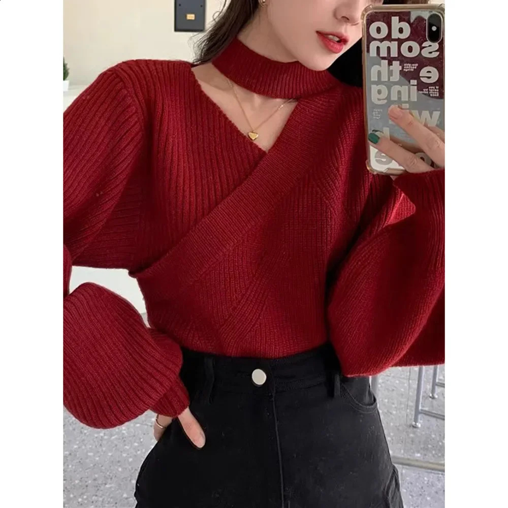Red Irregular Asymmetrical Collar Lantern Sleeve Knitted Sweater Loose Short Korean Style Lazy Top Womens Fashion Winter Sa 251020