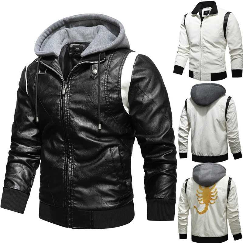 Autumn Winter Bomber Leather Jacket Men Scorpion Embroidery Hooded Jacket PU Leather Motorcycle Mens Ryan Gosling Drive Jacket W251023