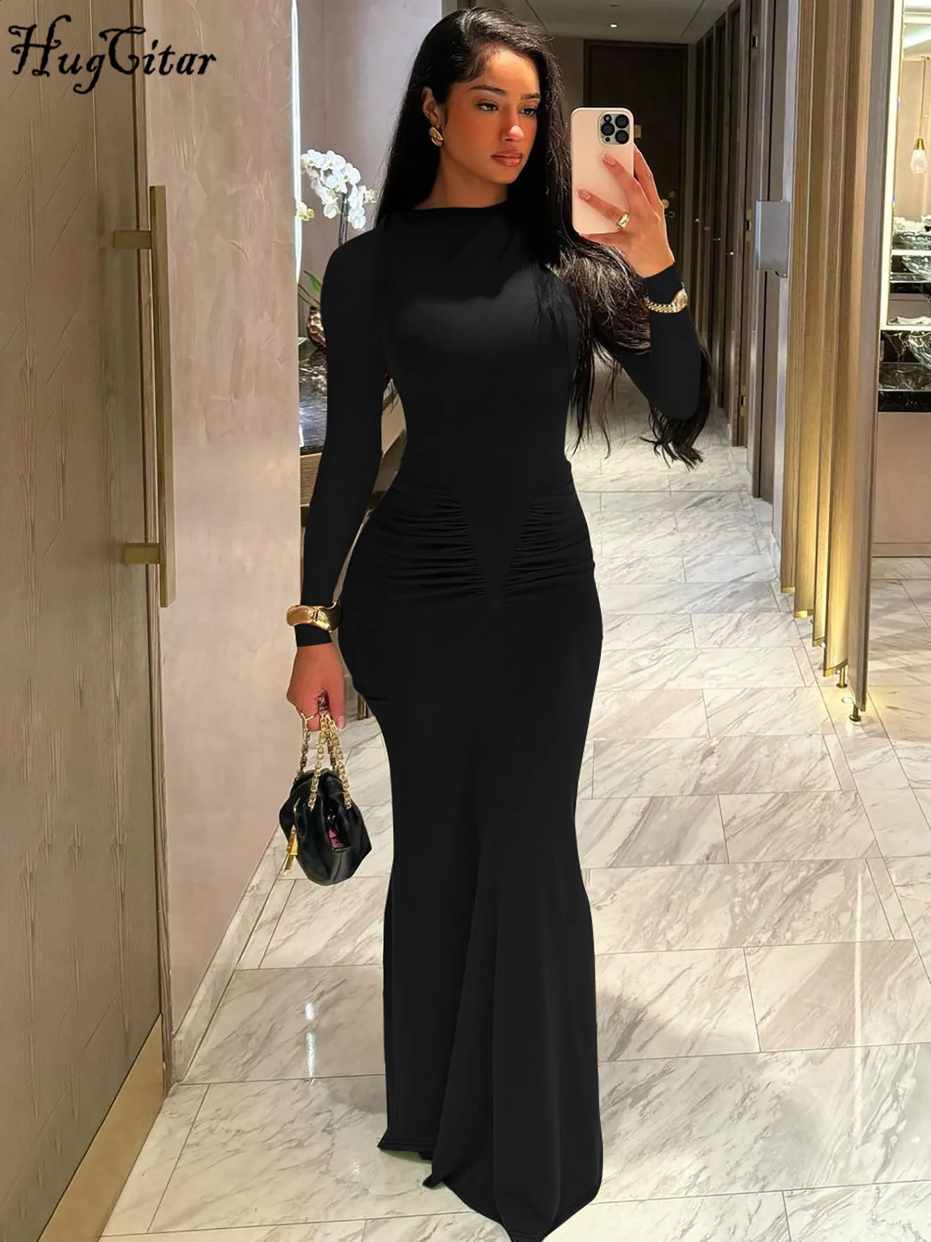 Hugcitar Autumn Solid Long Sleeve Draped Sexy Bodycon Maxi Prom Dress Women Fashion Y2K Outfits Evening Party Festival Club 251022