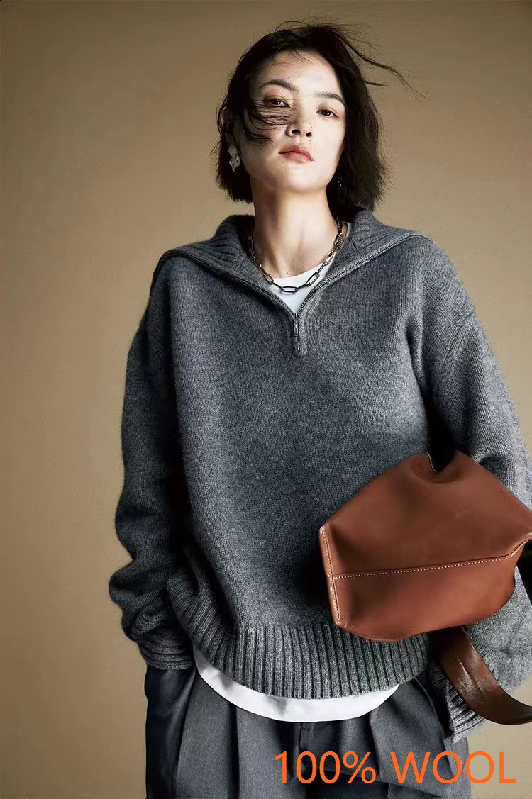 Women 100 Merino wool Sweater Knit Zipper High Neck Lapel Pullover Autumn Winter Fashion Clothe Thick Warm 251022